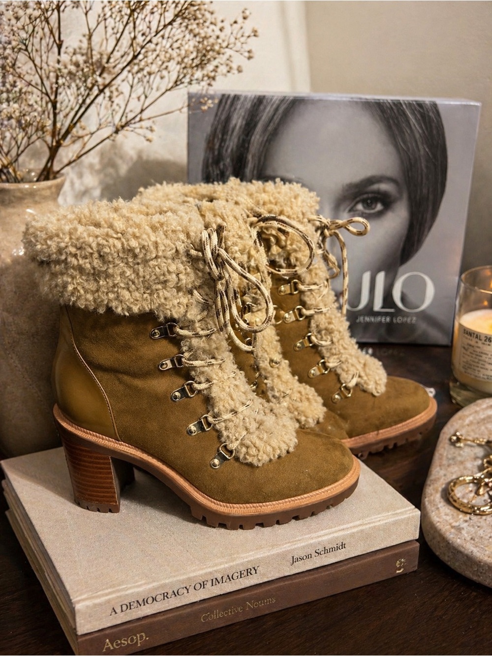 Jennifer Lopez Tan Suede Shearling Lace-Up Block Heel Boots